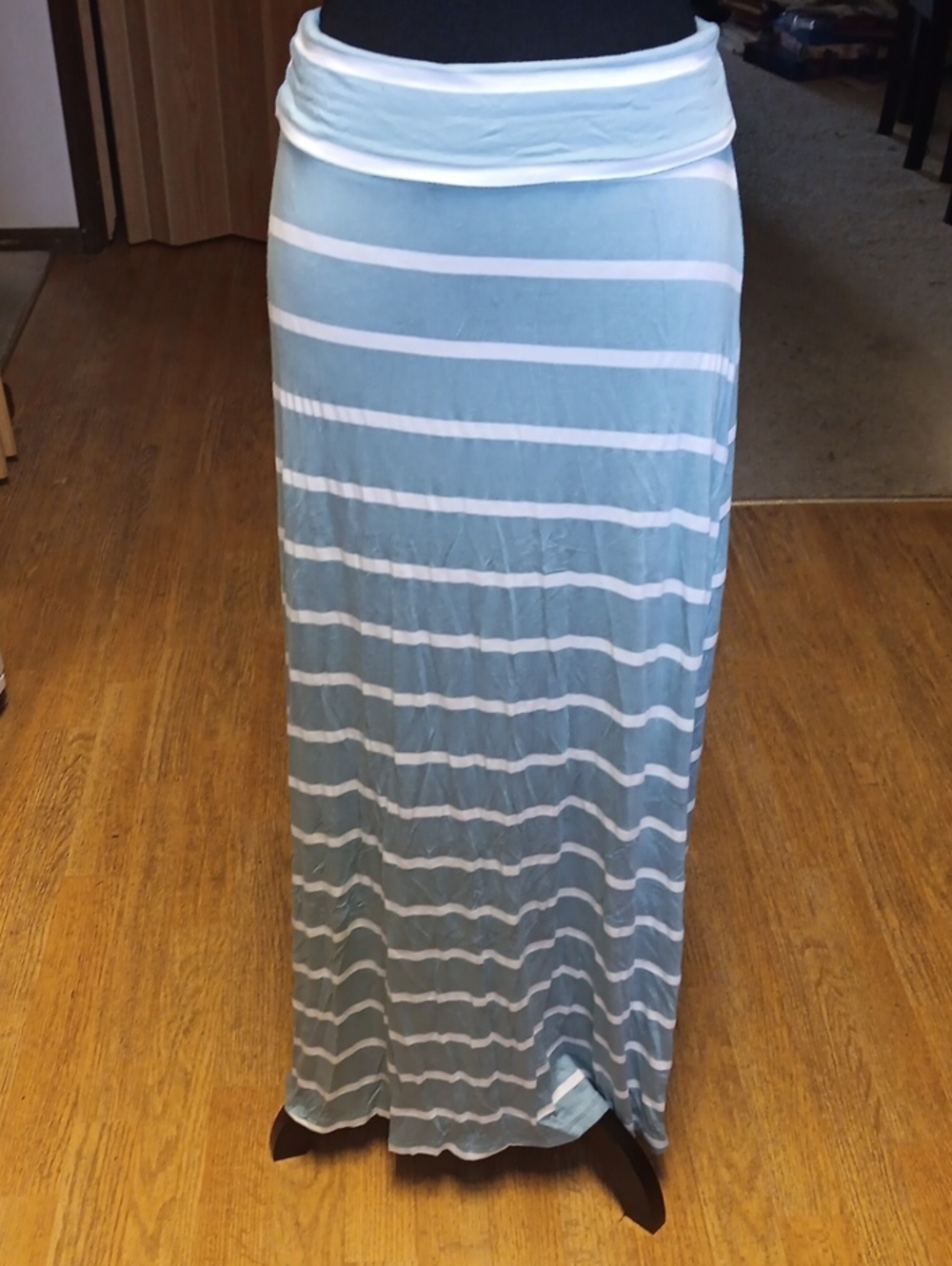 PromesaStriped Light Blue and White Fold-Over Waist Maxi Skirt